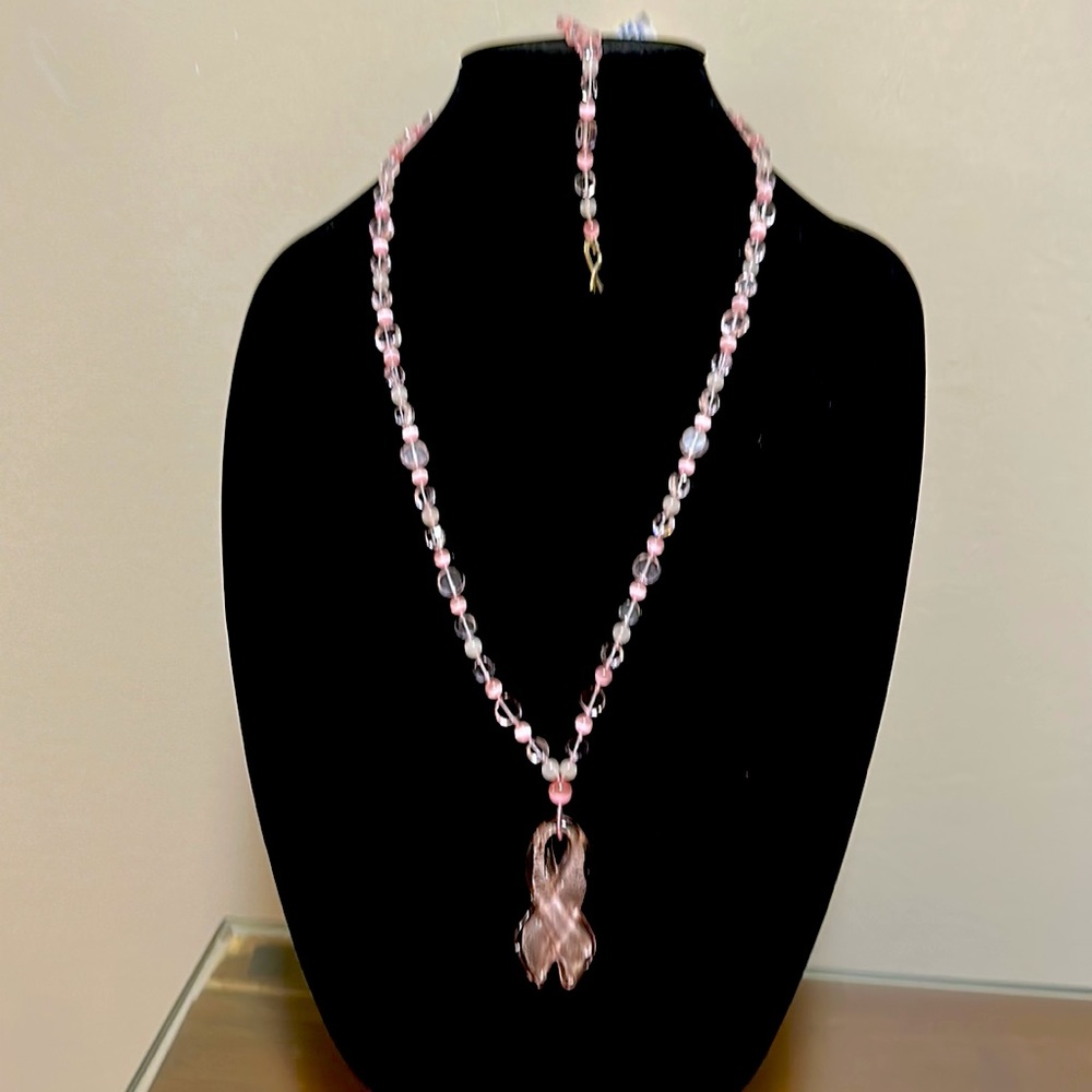 Pink Ribbon (Breast Cancer) with Crystal Necklace and Bracelet Set